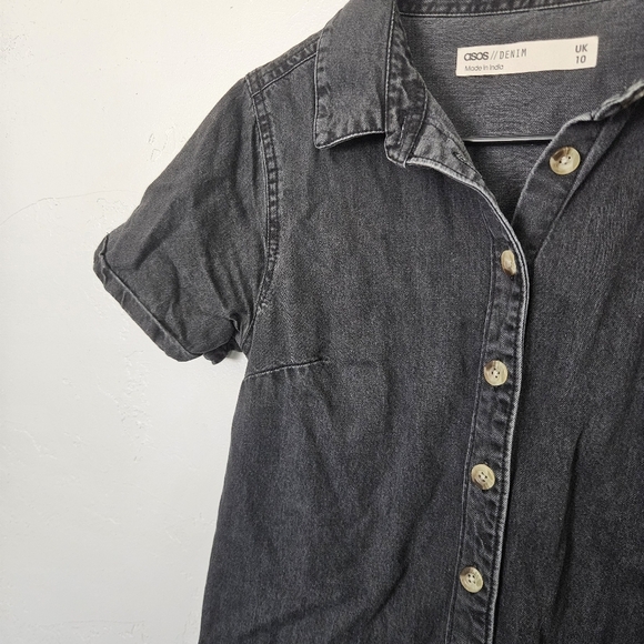 Asos Women's 6 Black Denim Button-Up Dress Short Sleeve Knee Length Midi Jean - Picture 3 of 8